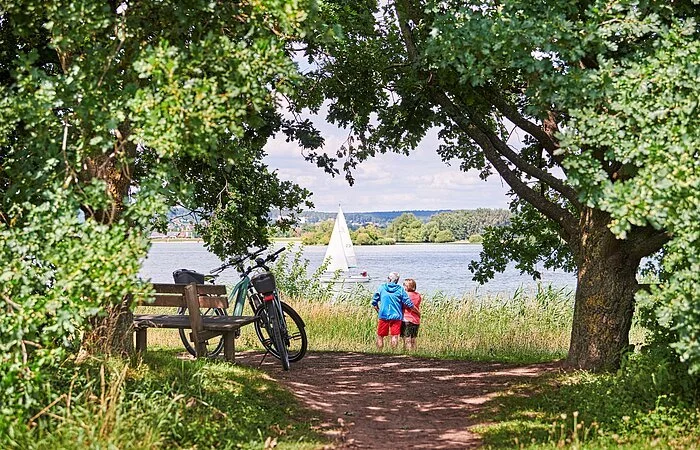 Blick durch grüne Bäume auf zwei Radler die eine Pause am Seeufer machen. Sie stehen am grünen Ufer und blicken auf den See auf welchem ein Segelschiff fährt.