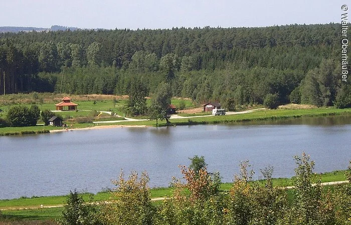 Blick auf den Dennenloher See bei Unterschwaningen. Der See ist umgeben von grünen Wiesen.
