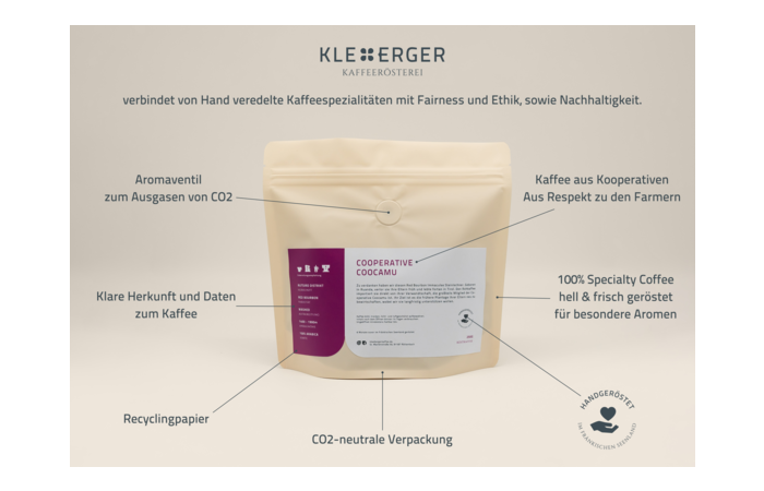 Kaffeerösterei Kleeberger Bild einer Kaffepackung der Kaffeerösterei Kleeberger mit Beschriftung. Eine beige Verpackung mit rotem Ettiket.