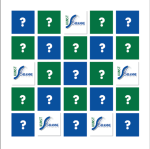 Kacheln mit Fragezeichen und dem Kunstschrannenlogo. Farblich dunkelgrün-/blau gestaltet.