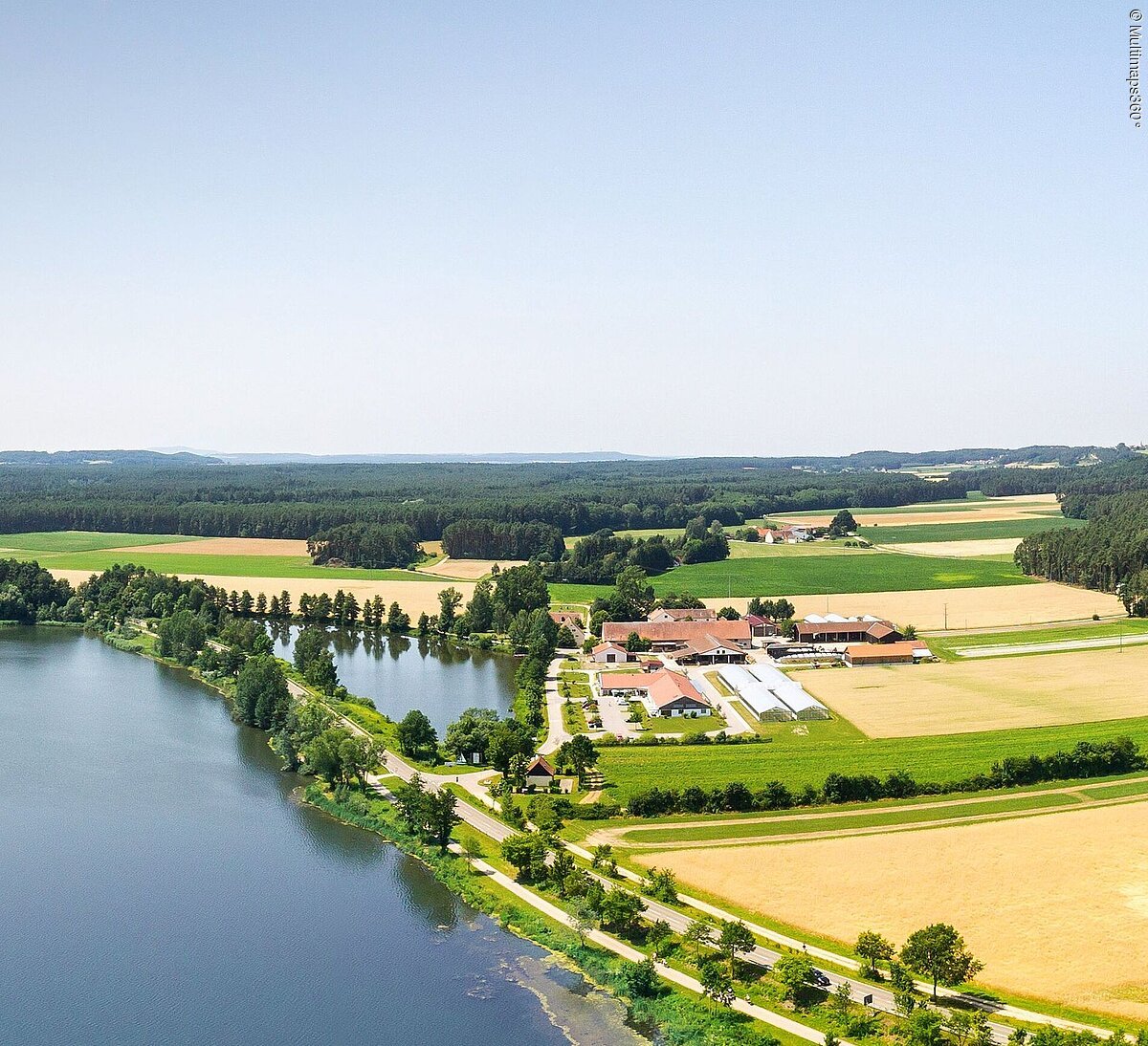 Rechts liegt der Müssighof umgeben von Feldern und im Hintergrund ist Wald. Links neben dem Müssighof beginnt der kleine Brombachsee.