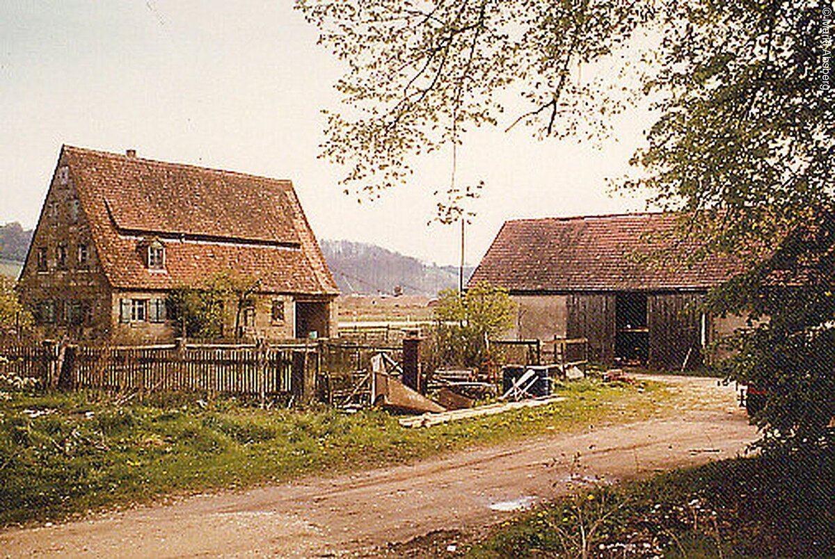 Altes Bild eines Wohnhauses mit Scheune. Vor dem Haus ein eingezäunter Garten. Davor verläuft eine unbefestigte Straße.