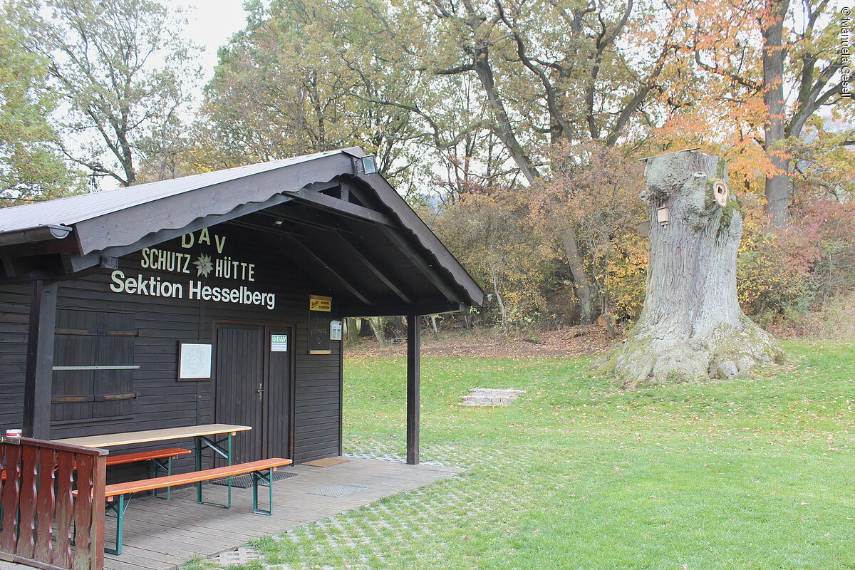 Die Schutzhütte Sektion Hesselberg steht auf einer grünen Wiese hinter ihr Bäume mit grün gelben Blättern.