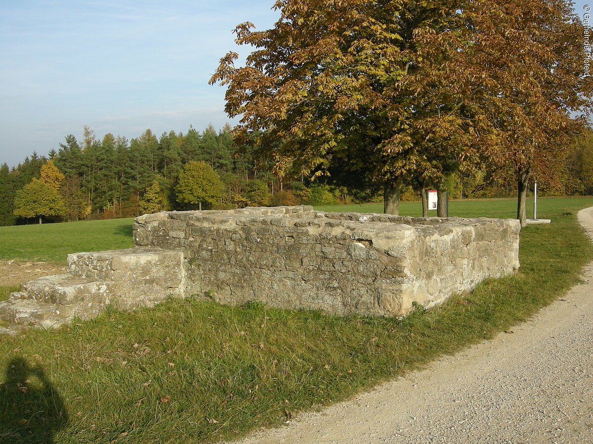 Eine römische Ruine auf einer grünen Wiese. Im Hintergund ein Wald.