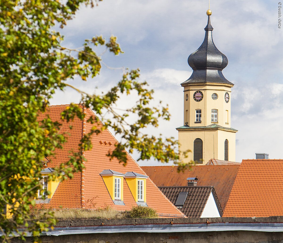 Häuserdächer einer Innenstadt. Dazwischen ein großer Turm mit schwarzem Dach und beiger Fassade.