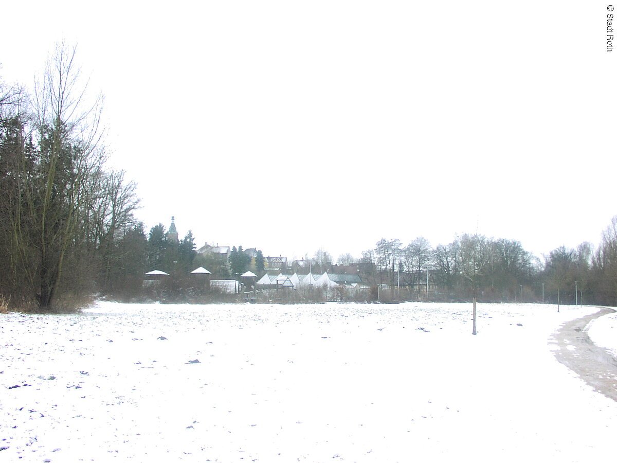 Verschneite Winterlandschaft. Eine weiße Wiese un im Hintergund kleine Häuser und Bäume.