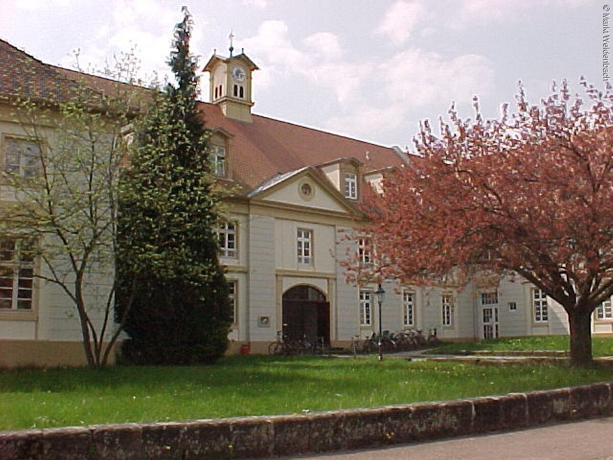 Ein großes Gebäude mit barocken Elementen. Die Fassade ist hell gelb mit braunen Akzenten. Den Eingang bildet ein Tor. Vor dem Gebäude sind grüne Wiesen.