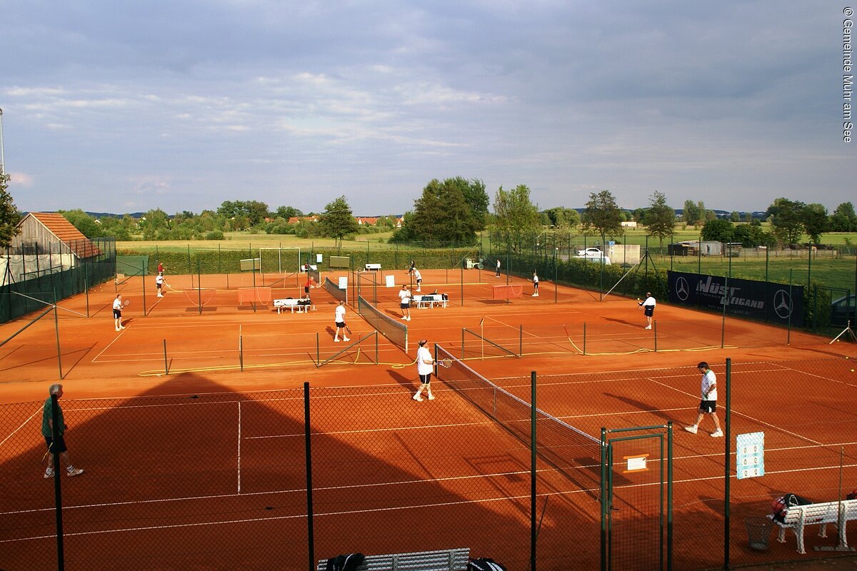 Hintereinander vier rote Tennisplätze. Darauf spielen Sportler Tennis. Hinter den Plätzen grüne Wiese und danach Bäume.