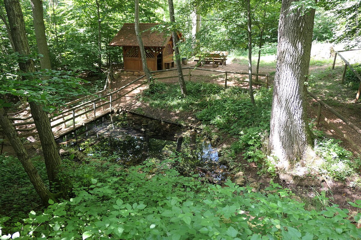 In einer Senke in einem Wald befindet sich ein von Holzzäunen umgebener kleiner Weiher. Im Hintergrund sind eine kleine Holzhütte und Sitzbänke zu sehen.