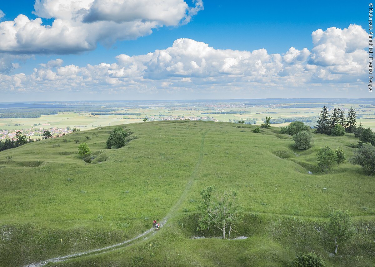 Wandern am Gelben Berg am Altmühltal-Panoramaweg Weite grüne Wiesenlandschaft mit vereinzelten Bäumen, im Hintergrund ein Dorf und blauer Himmel mit Wolken.