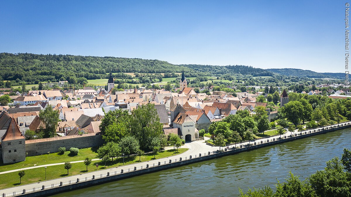 Blick auf eine Stadt mit roten Dächern, Flussufer, Bäumen und bewaldeten Hügeln im Hintergrund bei klarem Himmel.