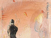 Kunst des Kunstateliers Zimmermann in Arberg.
Rückenansicht einer Figur vor orangenem Hintergrund.