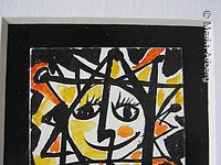 Kunst des Kunstateliers Zimmermann in Arberg. Ein GEmälde einer Sonne mit Gesicht.