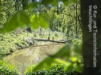 Zwei Frauen sitzen rücklings auf einem Baum der quer über den Ausläufer des Karlsgraben liegt.