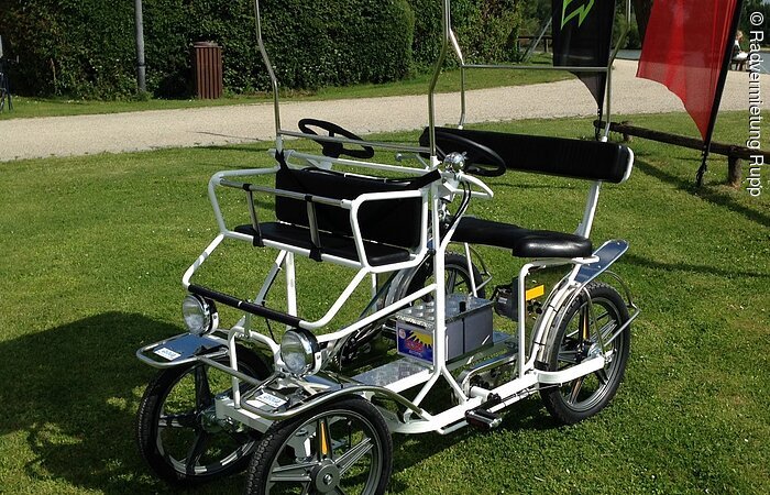 Eine blau weiße Rikscha mit Elektromotor steht auf einer grünen Wiese.