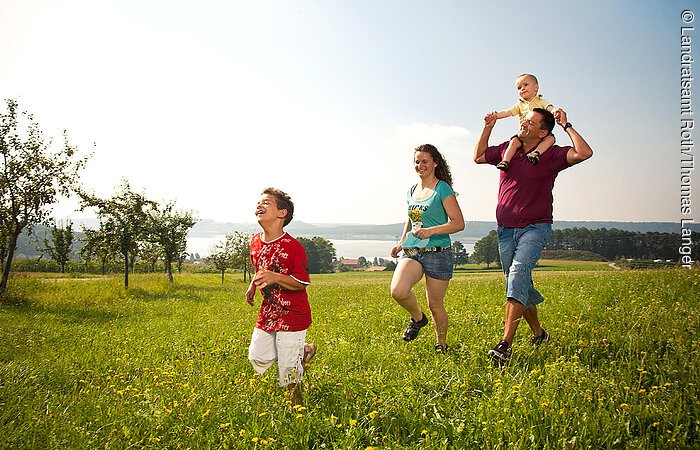 In Enderndorf am Brombachsee toben zwei ELtern mit ihren zwei Kindern auf einer grün bewachsenden Wiese. Im Hintergrund kann man einen Blick auf den Brombachsee erhaschen.