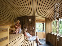 Zwei Frauen sitzen in der Schienenbus-Sauna mit dem Blick ins Freie. Im Vordergrund ist der Saunaofen Zwei Frauen sitzen in der Schienenbus-Sauna mit dem Blick ins Freie. Im Vordergrund ist der Saunaofen