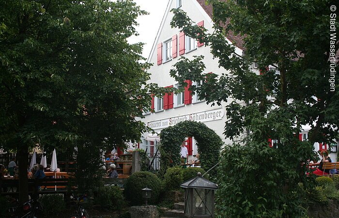 Forstquell-Brauerei Fürnheim Durch grüne Bäume sieht man das Gebäude der Forstquell-Brauerei Fürnheim. Ein großes Weißes Haus mit vier Ebenen und roten Fensterläden.