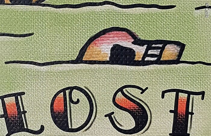 Gemälde mit der Aufschrift "Lost at sea" mit grünem Hintergund und gemalten Totenköpfen.