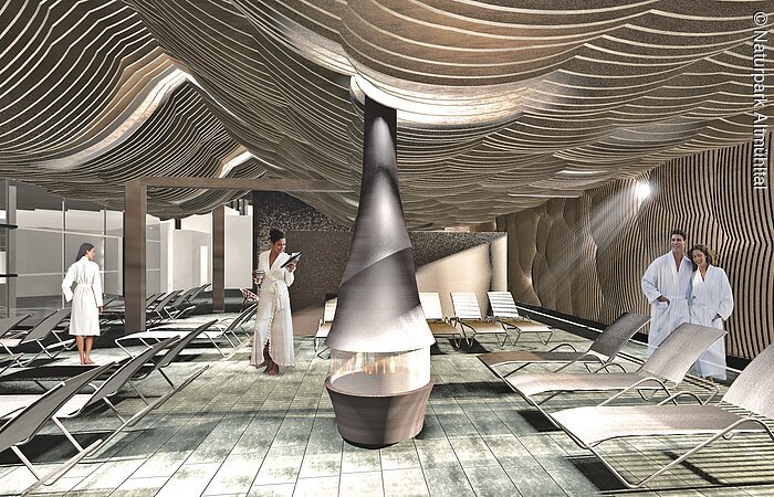 Im Ruhebereich der Therme sind viele Liegen aufgereiht. Einige Badegäste in weißen Bademäntel suchen sich eine Liege aus.