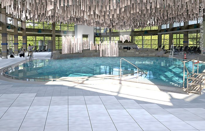 Das Becken ist über eine Treppe erreichbar. Von der Decke hängen einzelne Elemente herunter, die als Schallschutz fungieren.