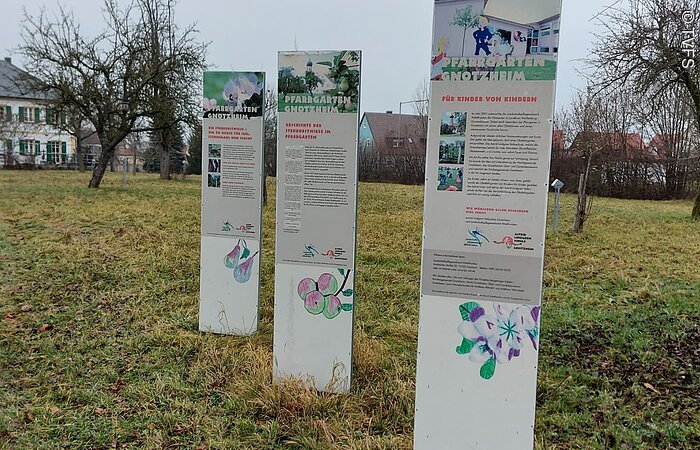 Drei Infotafeln stehen auf einer Wiese des Pfarrgarten Gnotzheim. Dahinter kahle Bäume. Im fernen Hintergund ein Haus.