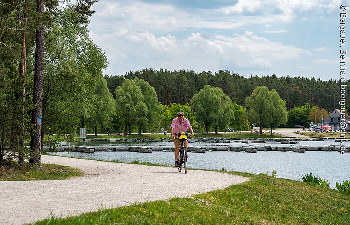 Radeln am See Ein Radfahrer fährt auf einem Radweg direkt am See. Entlang des Schotterwegs wachsen grüne Bäume und Sträucher.