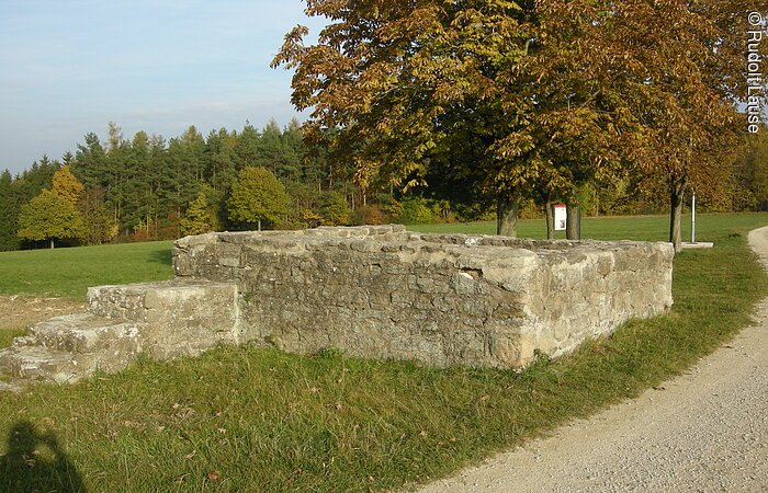 Eine römische Ruine auf einer grünen Wiese. Im Hintergund ein Wald.