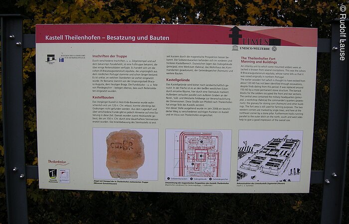 Nahaufnahme einer Infotafel zum Kastell Theilenhofen Besatzung und Bauten
