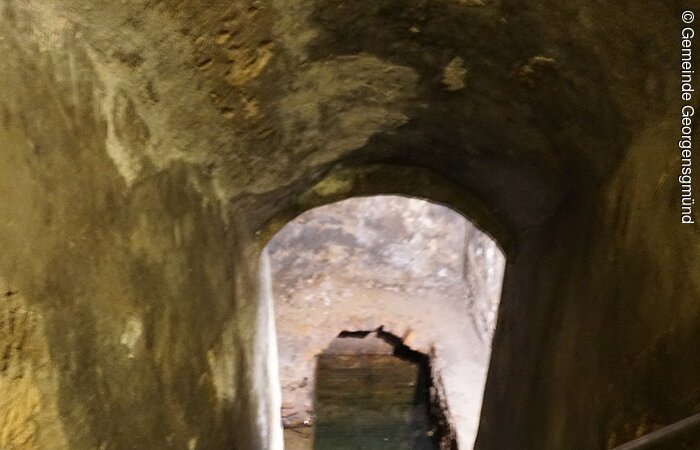 Ein alter Kellerabgang. Die Treppe führt in einen zum Teil überfluteten Raum.