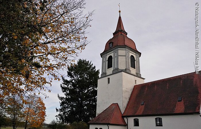 Gunzenhausen St. Michael Außenansicht Kirchturm mit rotem Dach neben Bäumen mit herbstlichen Blättern unter bewölktem Himmel.